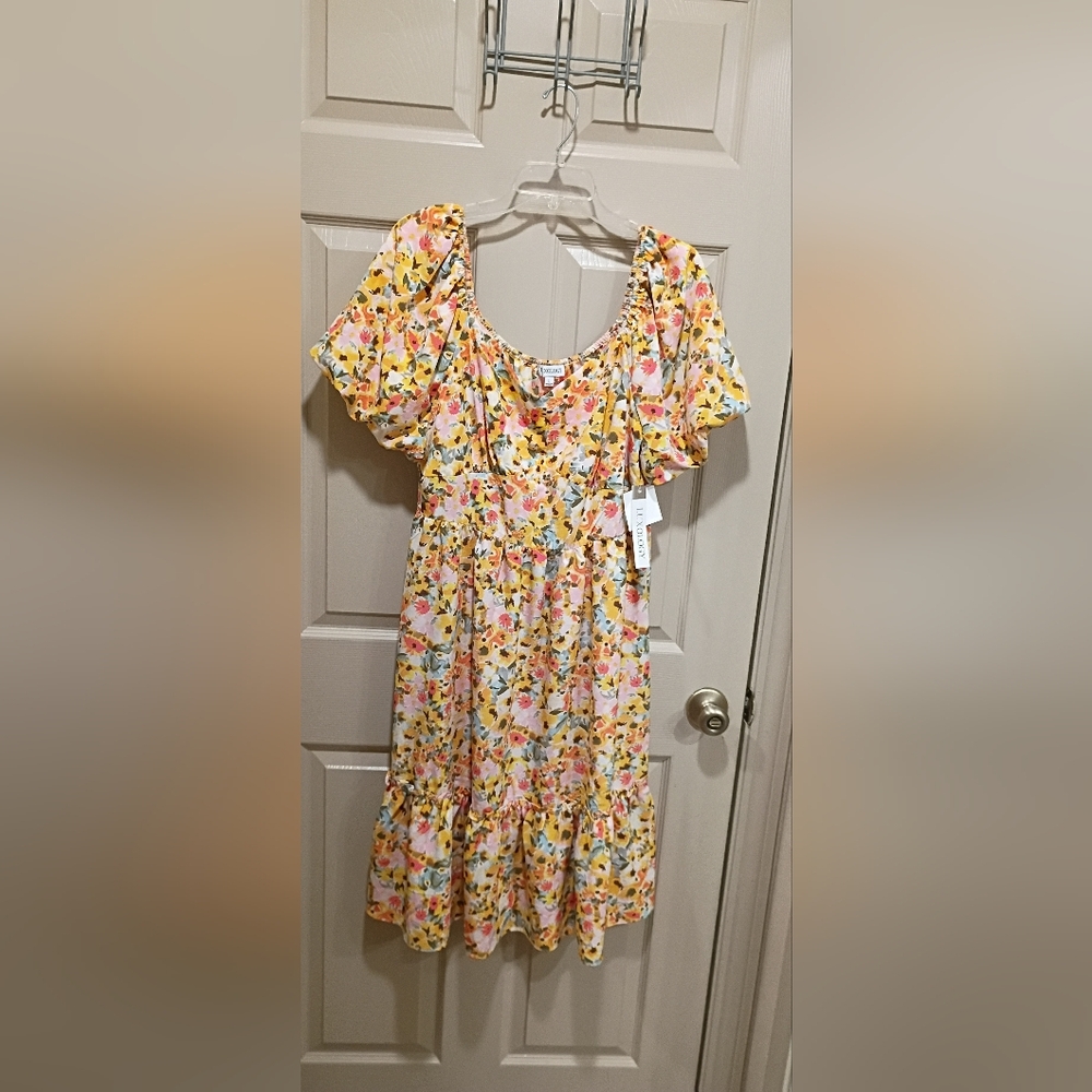 Yellow Luxology Women's Puff Sleeve Floral Flounce Midi Dress Size L NWT